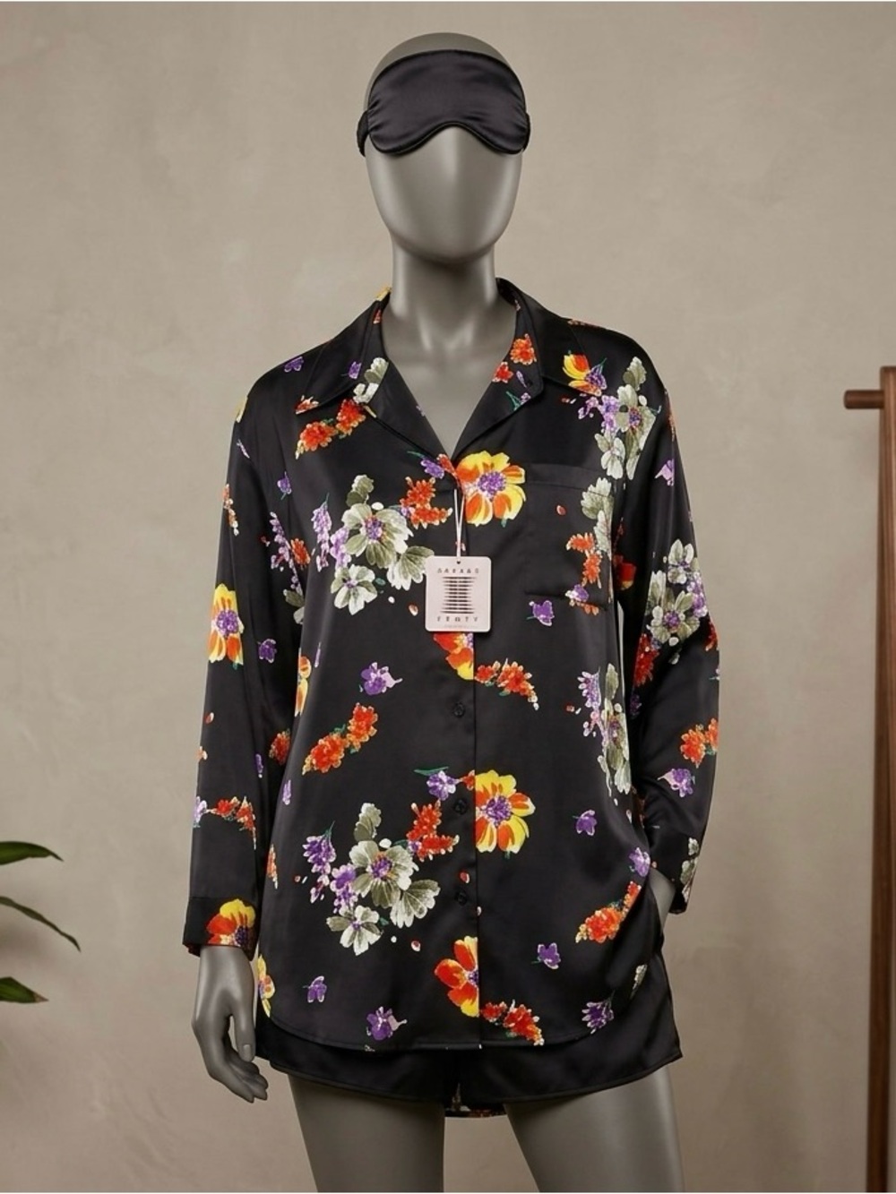 Savage X Fenty Night Bloom Nightshirt Black Floral Satin Oversized Sleep Shirt S